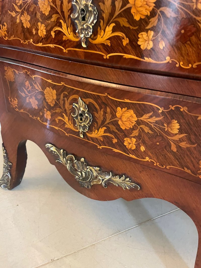 Antique Victorian French Quality Kingwood Marquetry Inlaid Marble Top Bombe Shaped Secretaire Chest - Image 13
